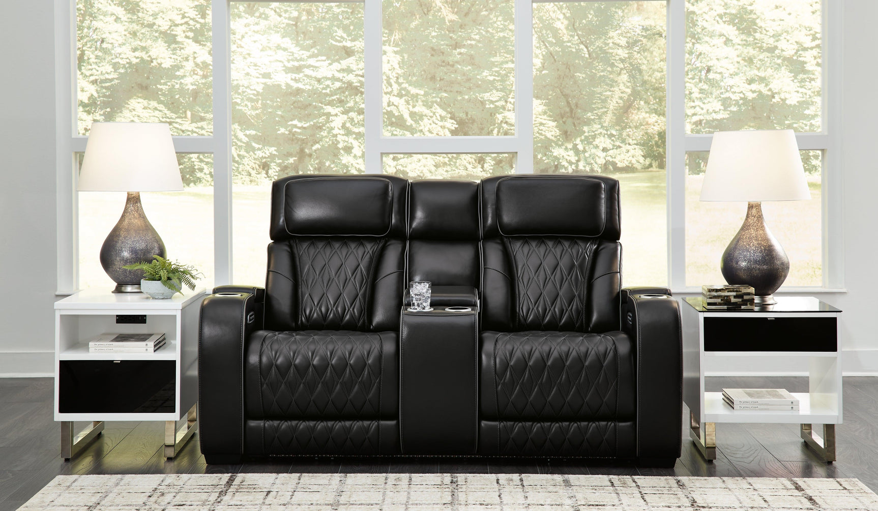 Boyington Black Leather Power Reclining Loveseat With Console - Ella Furniture