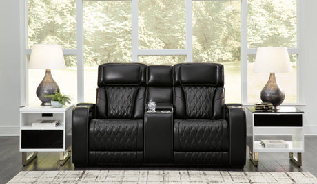 Boyington Black Leather Power Reclining Loveseat With Console - Ella Furniture