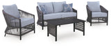 Bridges Beach Gray Outdoor Love/Chairs/Table Set (Set of 4) angled view