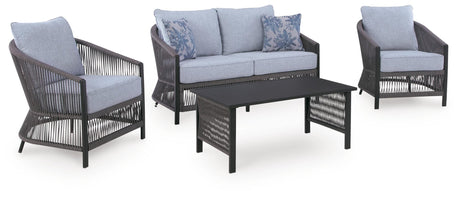 Bridges Beach Gray Outdoor Love/Chairs/Table Set (Set of 4) angled view