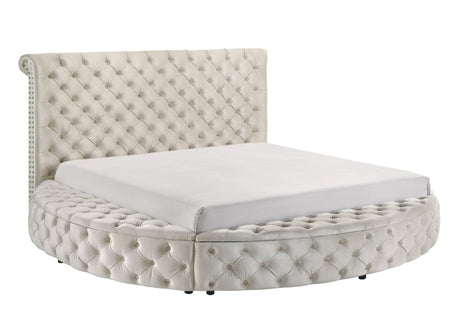 Brigitte Ivory Modern Solid Wood Velvet Upholstered Tufted Storage King Bed - Ella Furniture