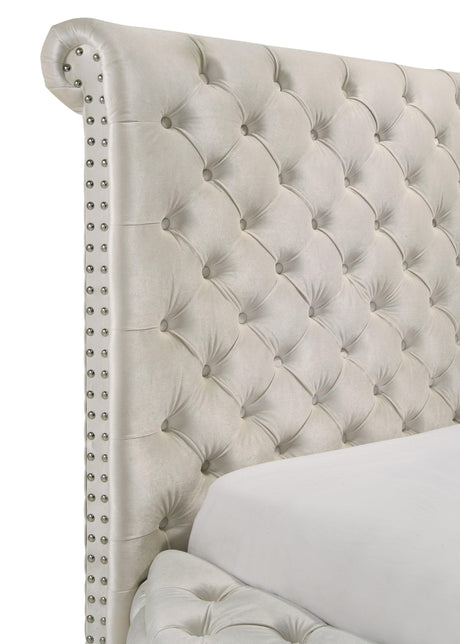 Brigitte Ivory Modern Solid Wood Velvet Upholstered Tufted Storage King Bed - Ella Furniture