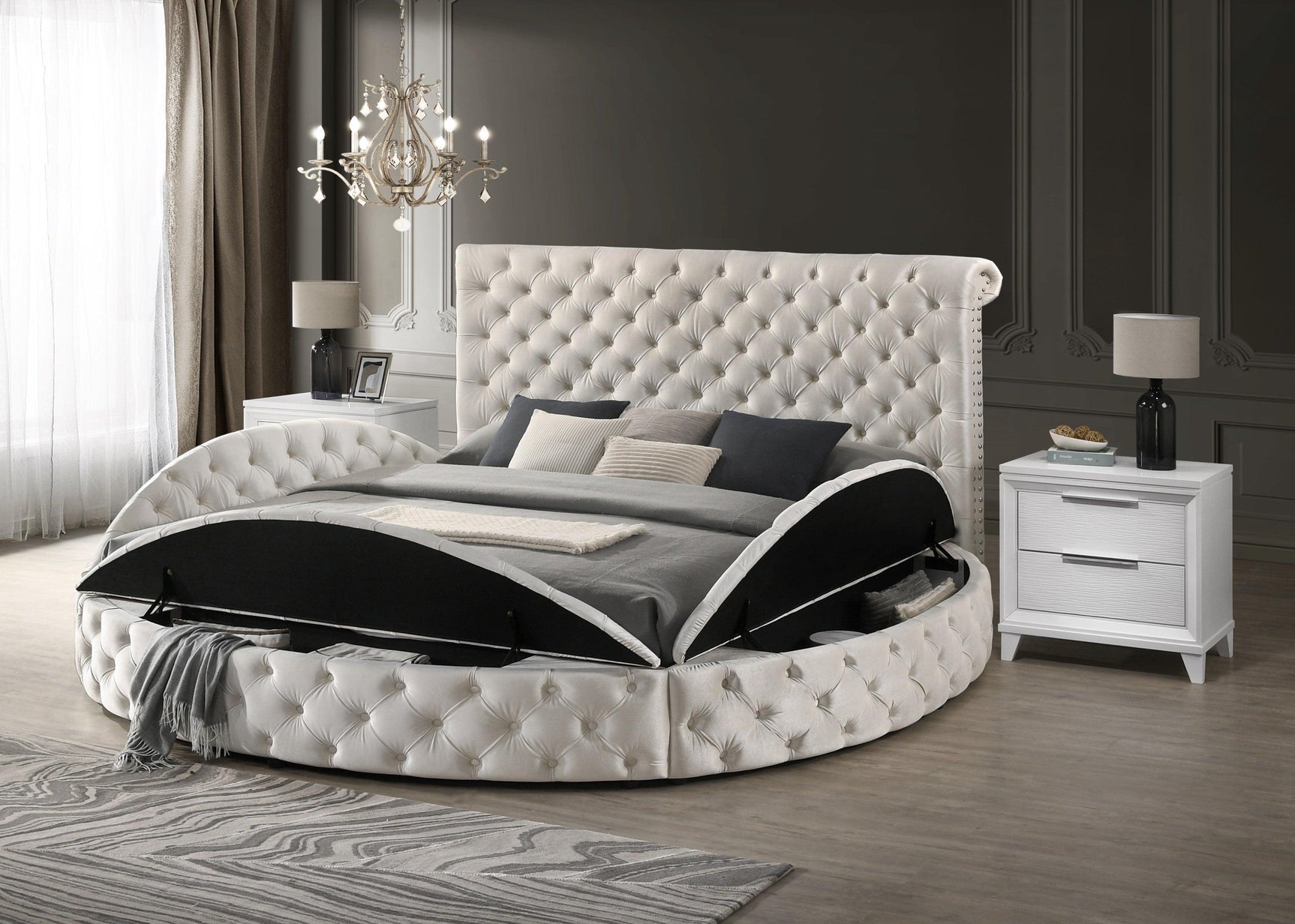 Brigitte Ivory Modern Solid Wood Velvet Upholstered Tufted Storage Queen Bed - Ella Furniture