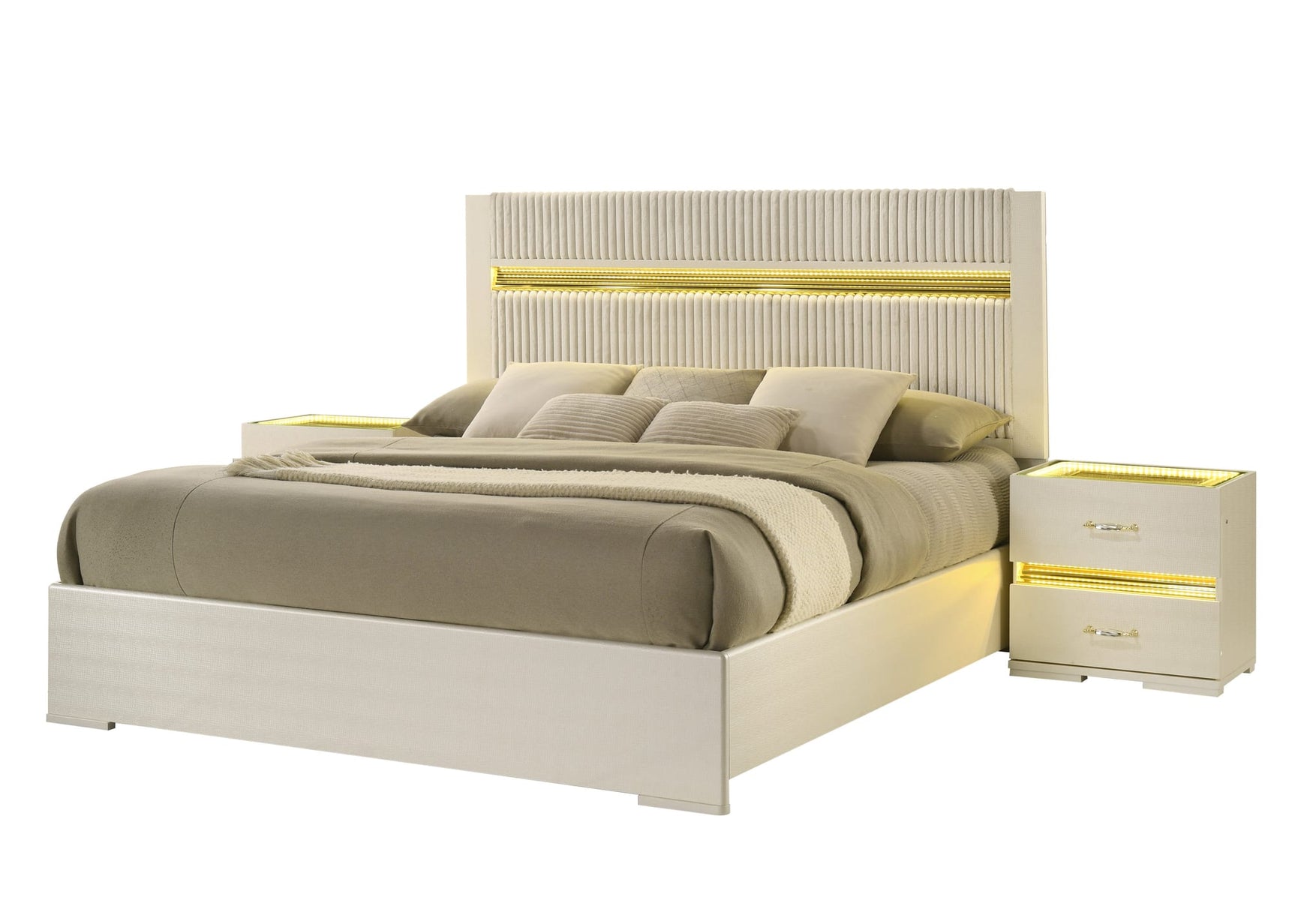Brillia Ivory Faux-Crocodile Bedroom Set with Integrated LED Lighting and Crystal Hardware view 5