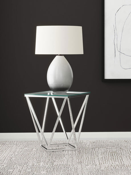 Brittania Square Glass Top Geometric End Table Nickel 709737 - Ella Furniture