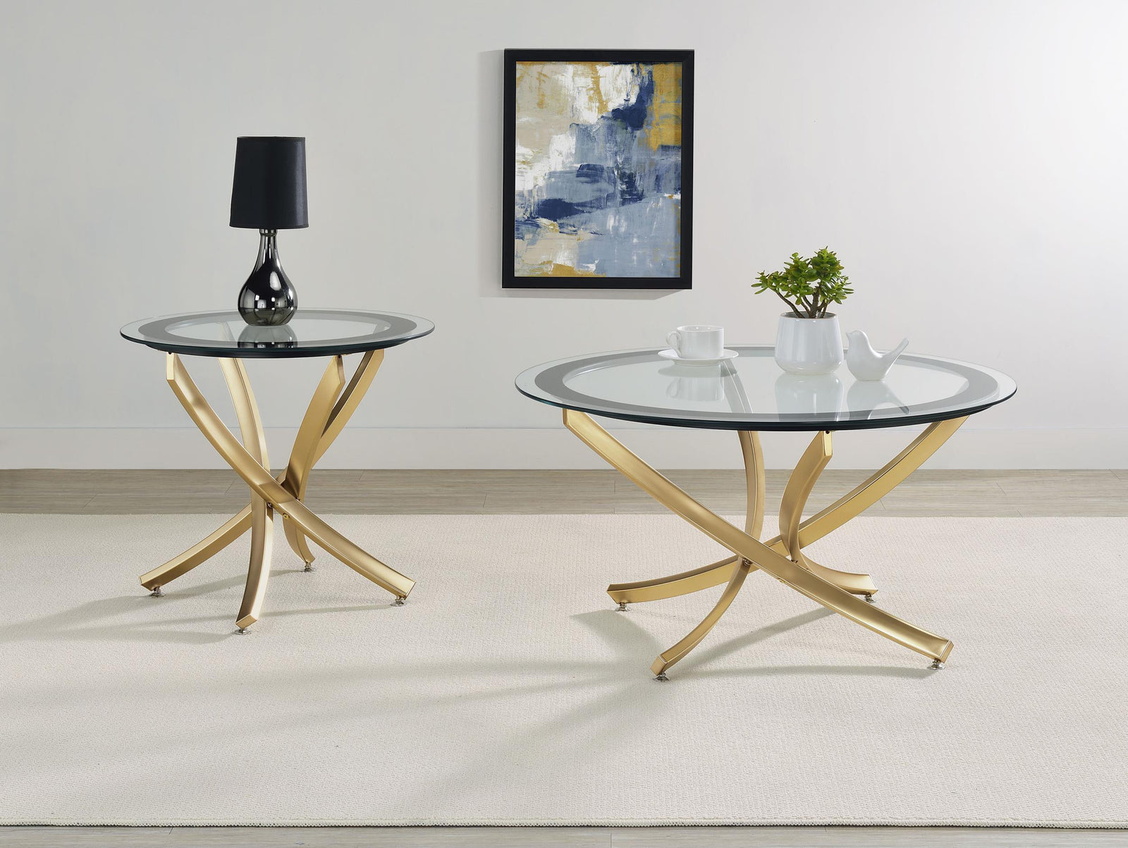 BROOKE Brooke 2-piece Round Glass Top Coffee Table Set Brass 707888-S2 - Ella Furniture