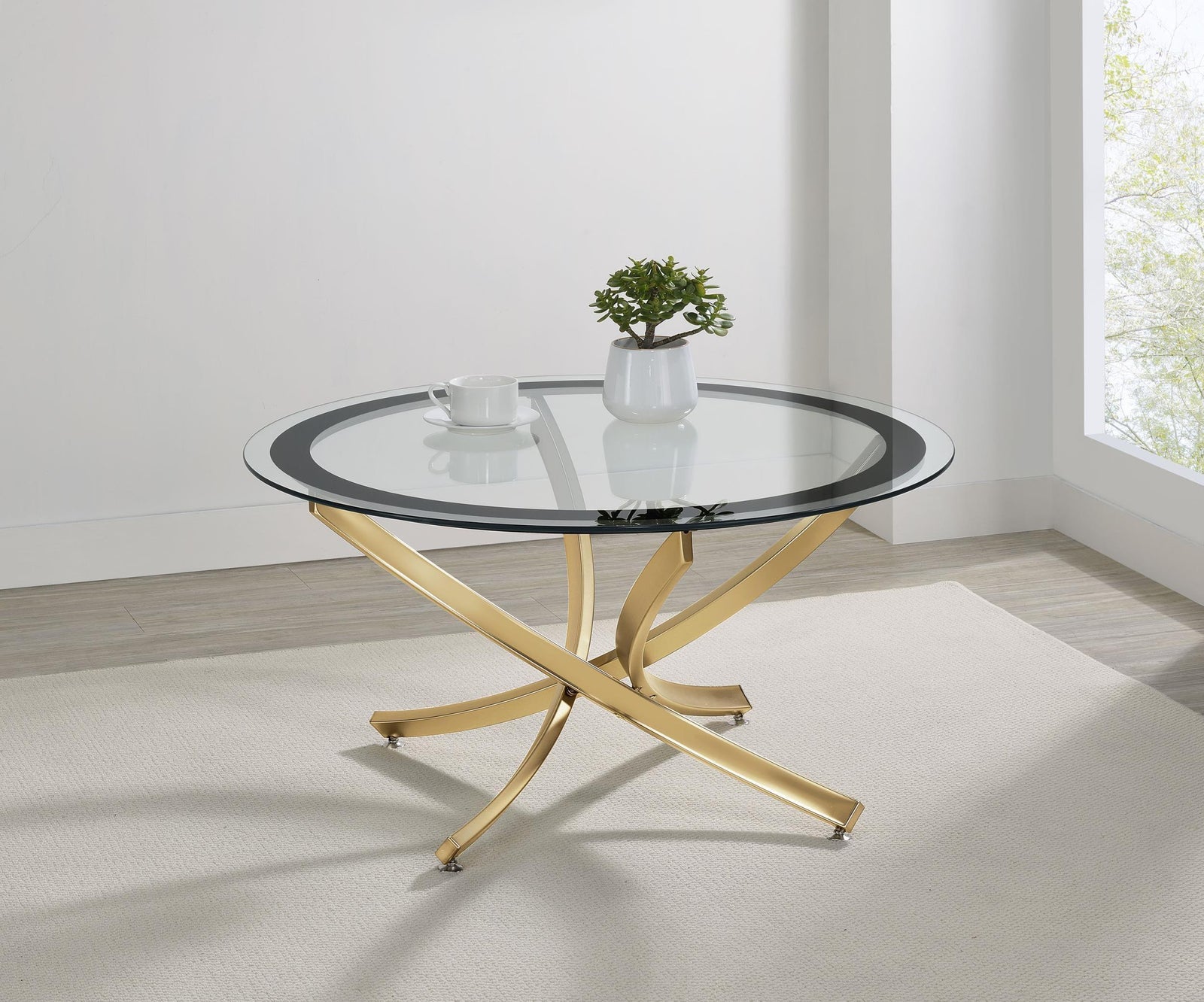 BROOKE Brooke Round Glass Top Coffee Table Metal Base Brass 707888 - Ella Furniture