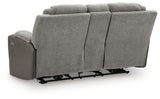 Mixed Motion Shadow Chenille / Faux Leather Power Reclining Loveseat with Console — back view