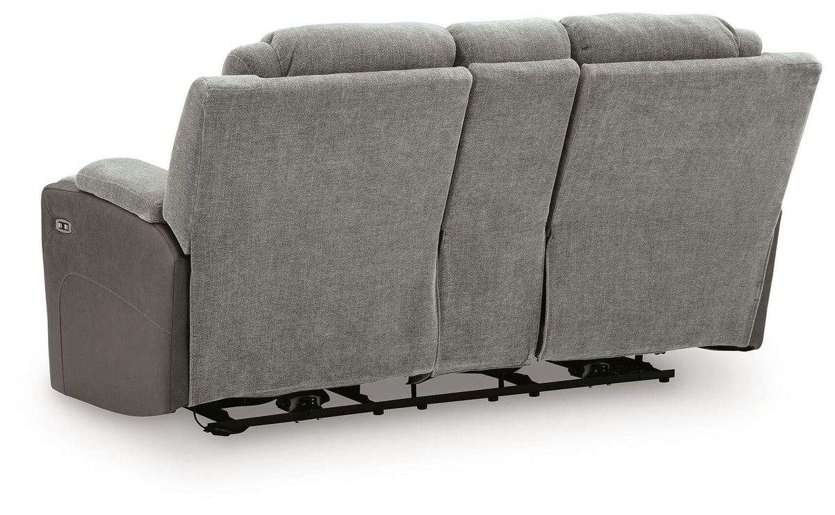 Mixed Motion Shadow Chenille / Faux Leather Power Reclining Loveseat with Console — back view
