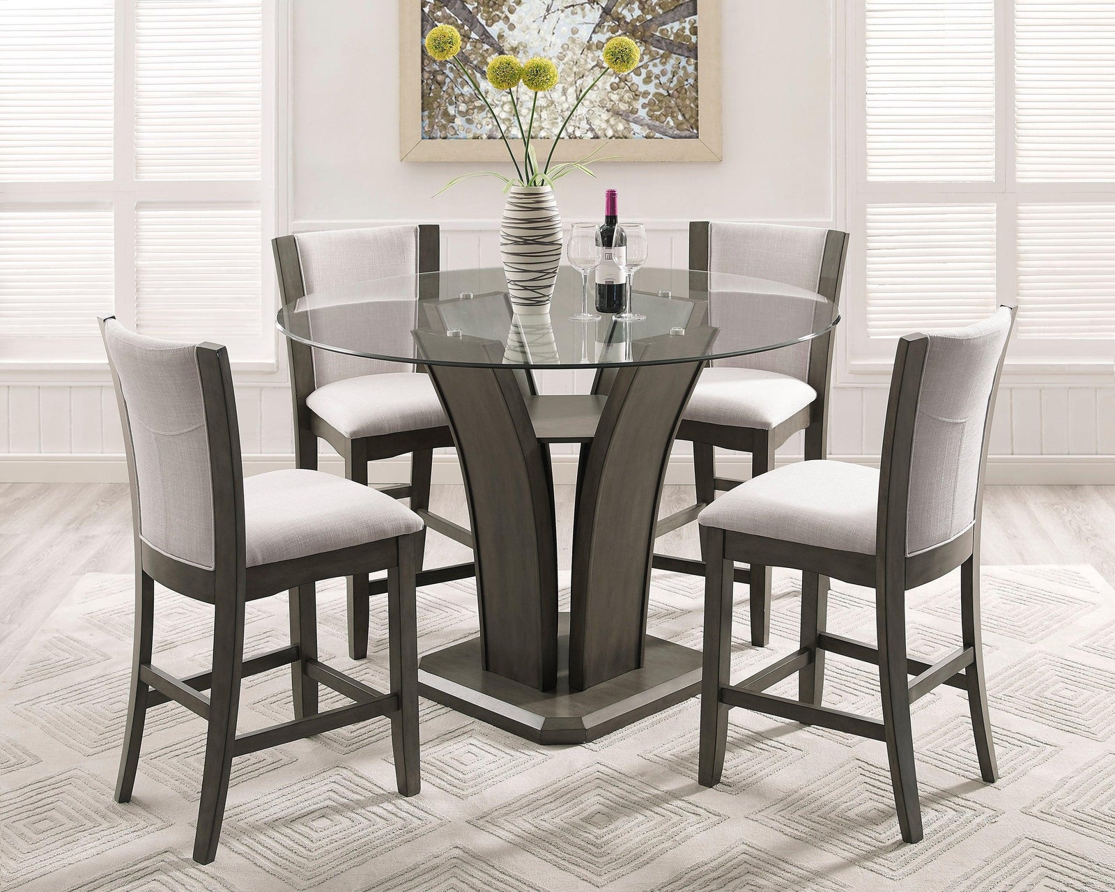 Camelia Gray Fabric Round Glass-top Counter Height Dining Room Set - Ella Furniture