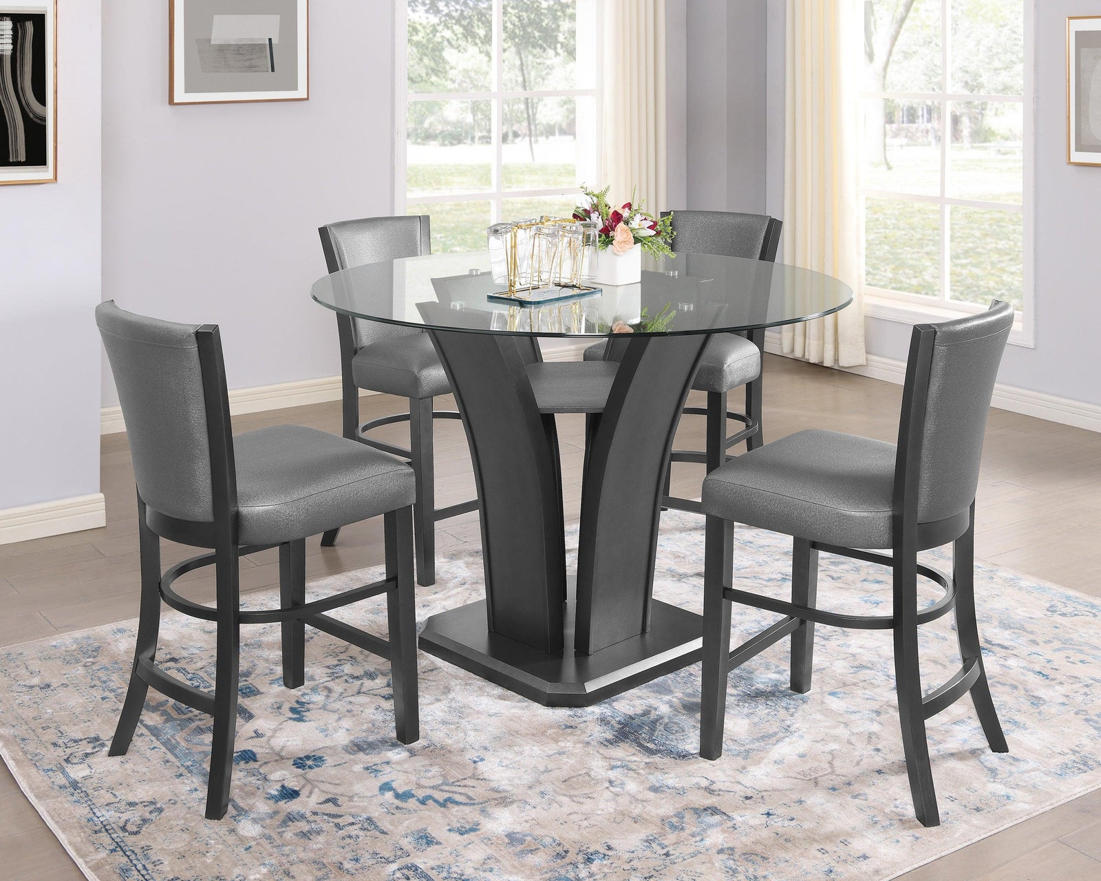 Camelia Gray Modern And Sleek Metal Glass Round Counter Height Dining Room Set - Ella Furniture