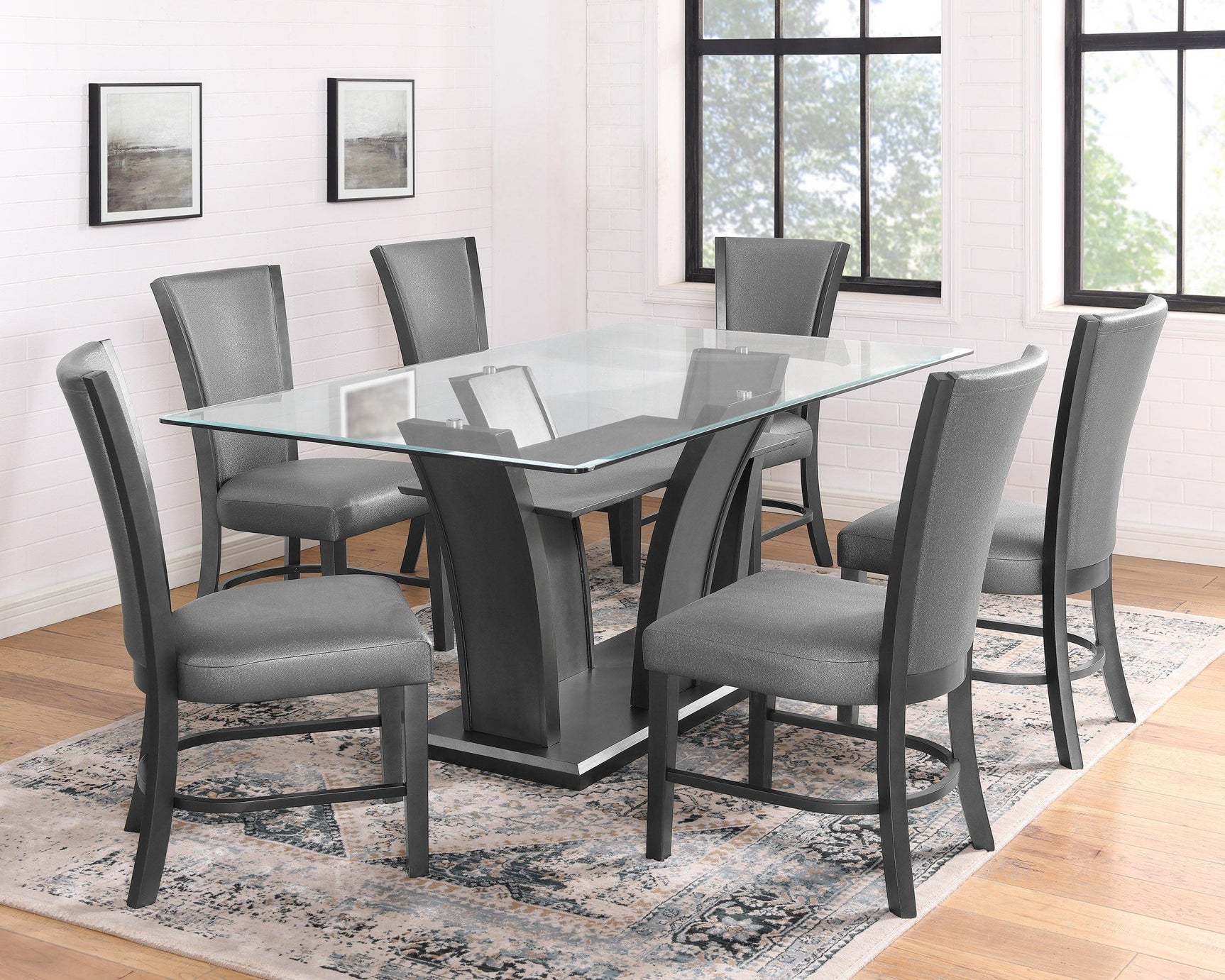Camelia Gray Modern Solid Wood Glass Faux Leather Dining Room Set - Ella Furniture