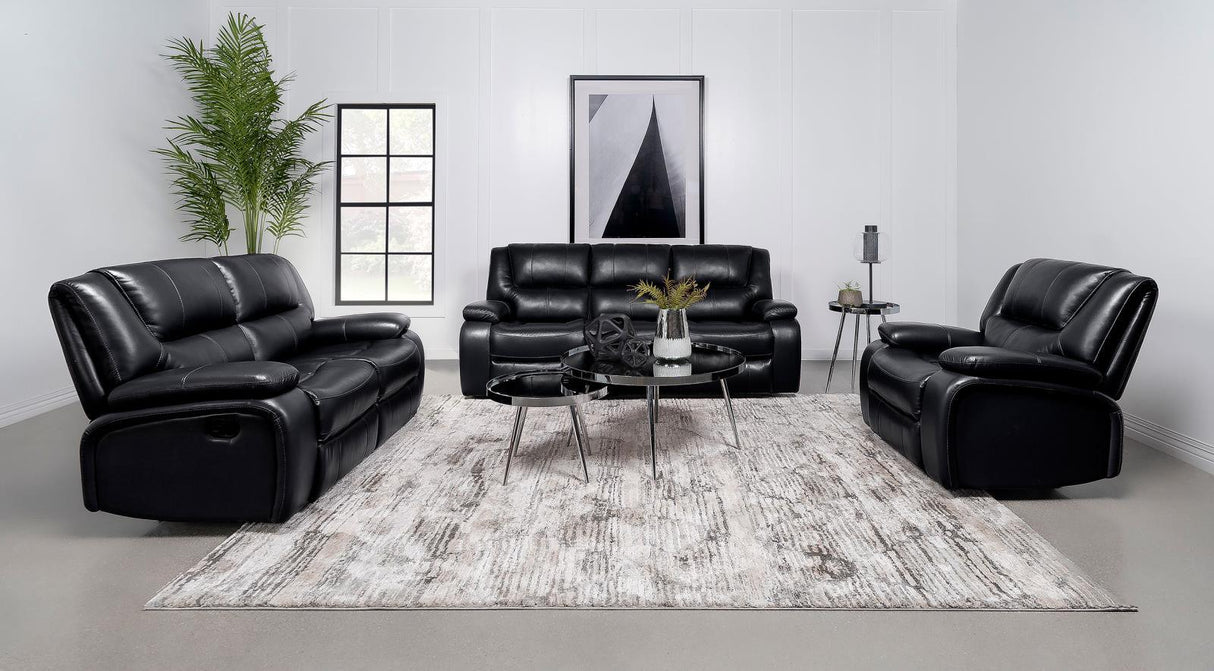 Camila Upholstered Motion Reclining Loveseat Black 610245 - Ella Furniture