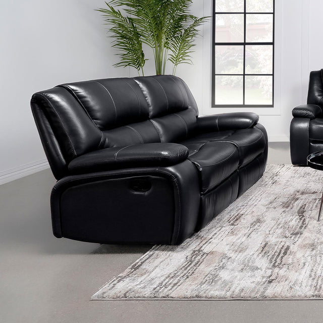 Camila Upholstered Motion Reclining Loveseat Black 610245 - Ella Furniture