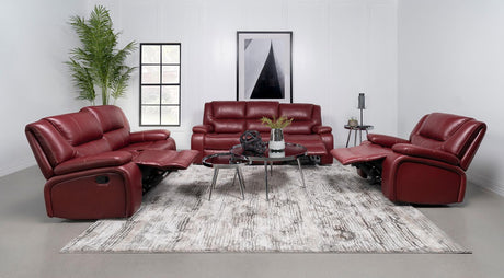 Camila Upholstered Motion Reclining Loveseat Red Faux Leather 610242 - Ella Furniture