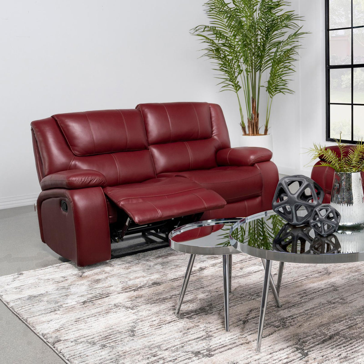 Camila Upholstered Motion Reclining Loveseat Red Faux Leather 610242 - Ella Furniture