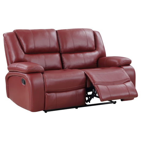 Camila Upholstered Motion Reclining Loveseat Red Faux Leather 610242 - Ella Furniture