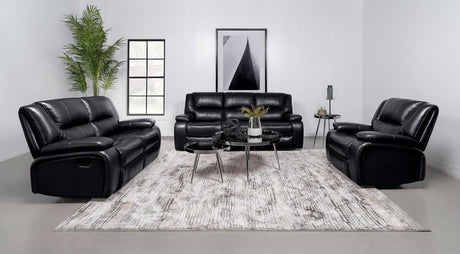 Camila Upholstered Motion Reclining Sofa Black 610244 - Ella Furniture