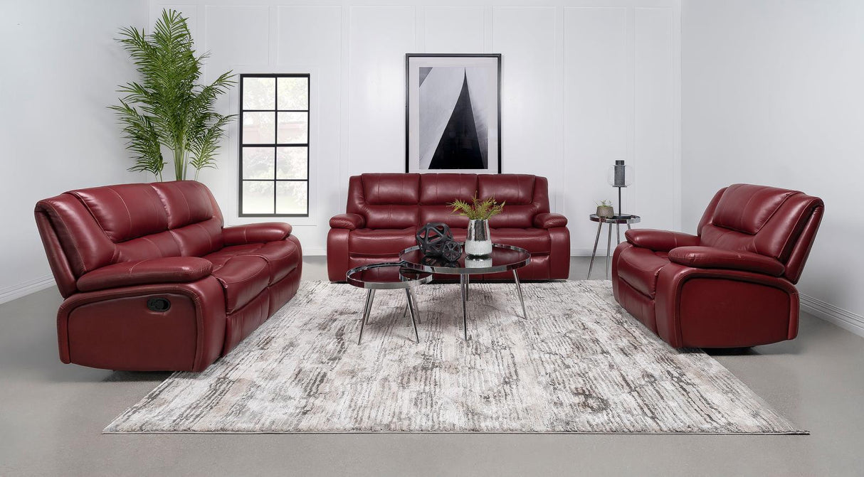 Camila Upholstered Motion Reclining Sofa Red Faux Leather 610241 - Ella Furniture