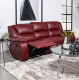 Camila Upholstered Motion Reclining Sofa Red Faux Leather 610241 - Ella Furniture