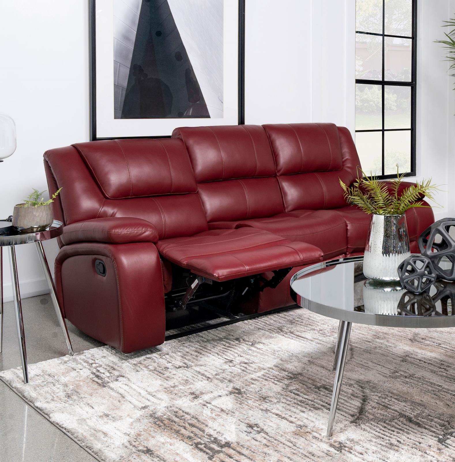 Camila Upholstered Motion Reclining Sofa Red Faux Leather 610241 - Ella Furniture