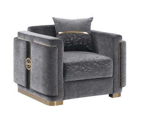 Capri Grey Fabric Sofa and Loveseat Set with Gold Accents and Pillows view 4