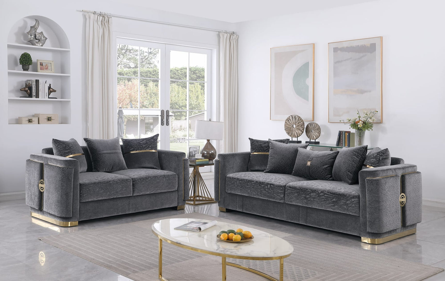 Capri Grey Fabric Sofa and Loveseat Set with Gold Accents and Pillows view 5