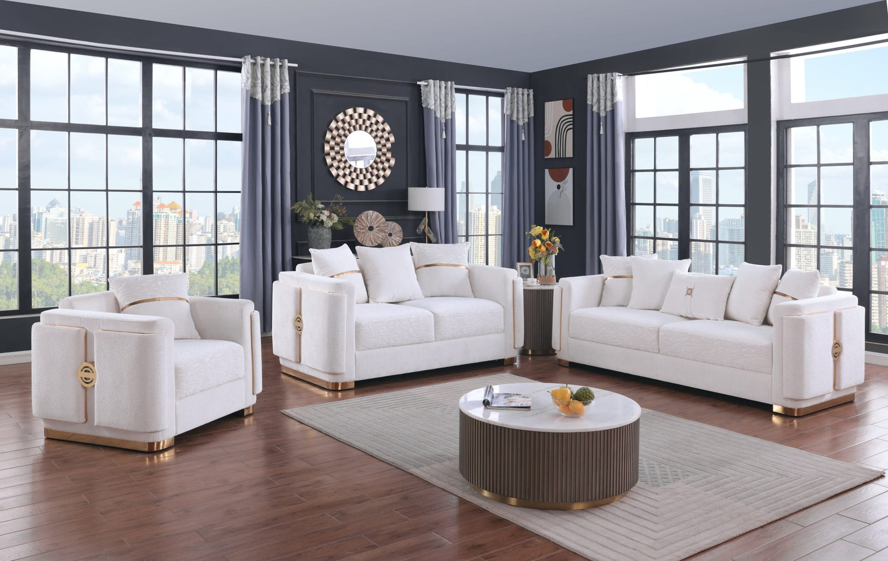Capri White Fabric Sofa and Loveseat Set with Gold Accents and Pillows from Ella Furniture