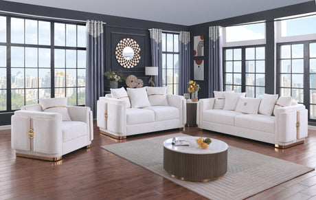 Capri White Fabric Sofa and Loveseat Set with Gold Accents and Pillows from Ella Furniture