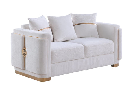 Capri White Fabric Sofa and Loveseat Set with Gold Accents and Pillows view 3