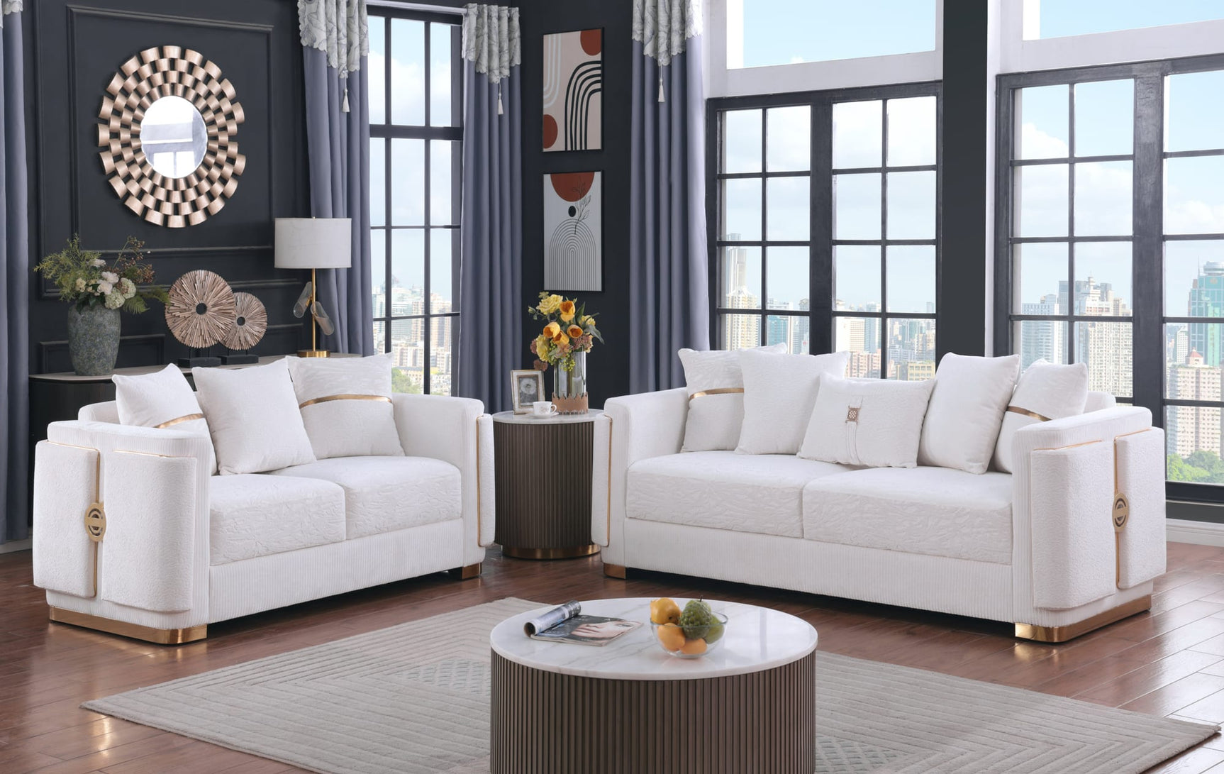 Capri White Fabric Sofa and Loveseat Set with Gold Accents and Pillows view 5
