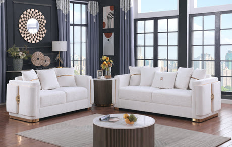 Capri White Fabric Sofa and Loveseat Set with Gold Accents and Pillows view 5