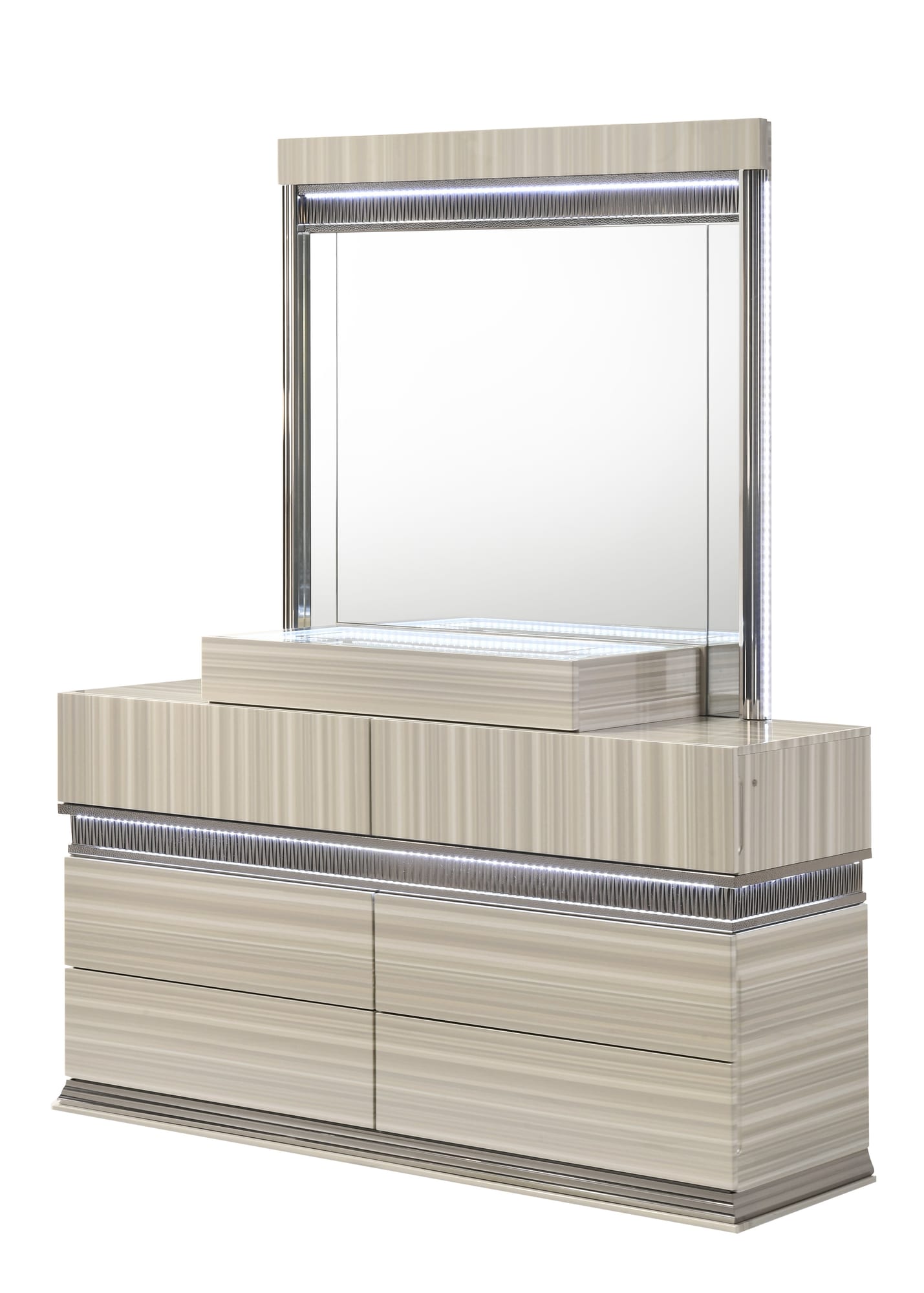 Carrara Modern Grey Wood Grain Bedroom Set with Integrated LED Lighting and Jewelry Drawer view 7