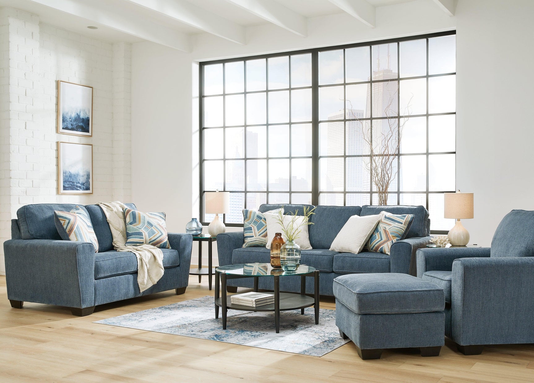 Cashton Blue Sofa, Loveseat, Chair And Ottoman - Ella Furniture