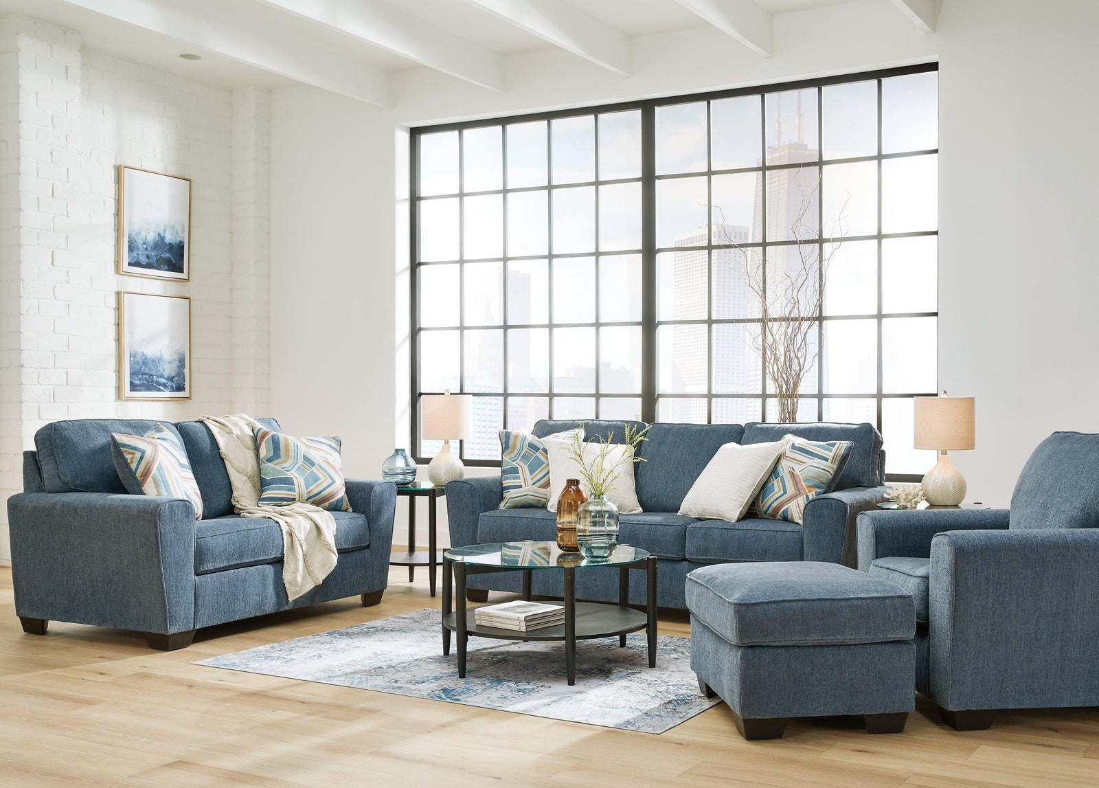 Cashton Blue Sofa, Loveseat, Chair And Ottoman - Ella Furniture