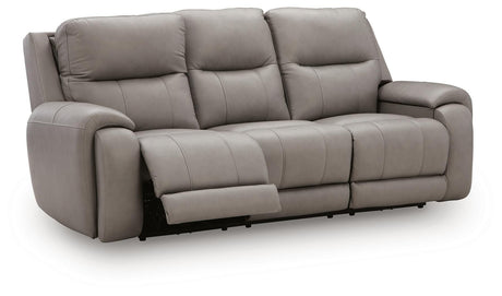 Real Moments Ash Leather Power Reclining Sofa with Audio Seating — angled view