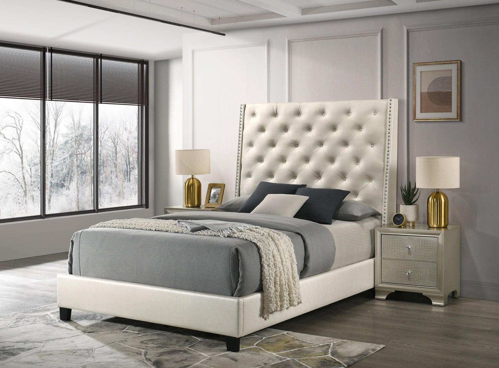 Chantilly Pearl Modern Solid Wood Faux Leather Upholstered Tufted King Bed - Ella Furniture