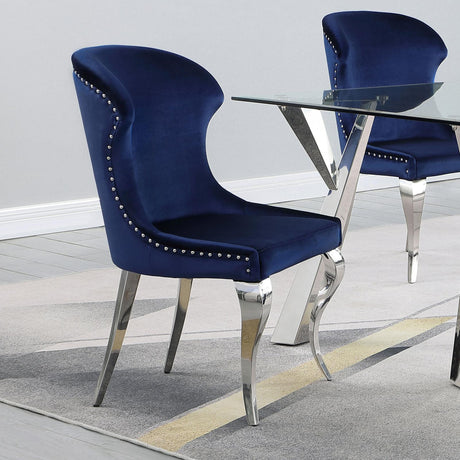 Cheyanne Upholstered Wingback Side Chair With Nailhead Trim Chrome And Ink Blue (Set Of 2) 190745 - Ella Furniture