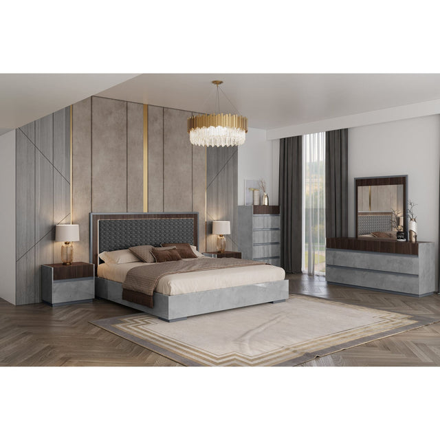 Cindy Italian Grey High Gloss and Dark Eucalyptol Bedroom Set with PU Headboard and LED Lighting from Ella Furniture