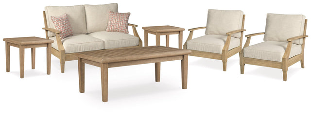 Clare Beige View Outdoor Loveseat And 2 Lounge Chairs With Coffee Table And 2 End Tables - Ella Furniture