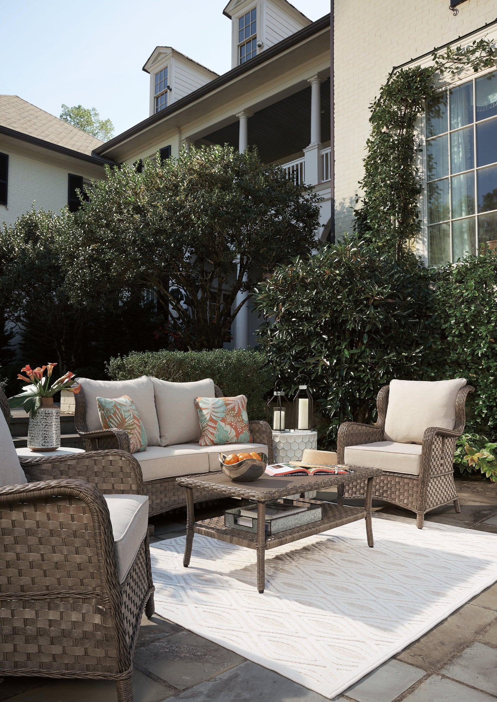 Clear Light Brown Ridge Outdoor Loveseat And 2 Chairs With Coffee Table - Ella Furniture