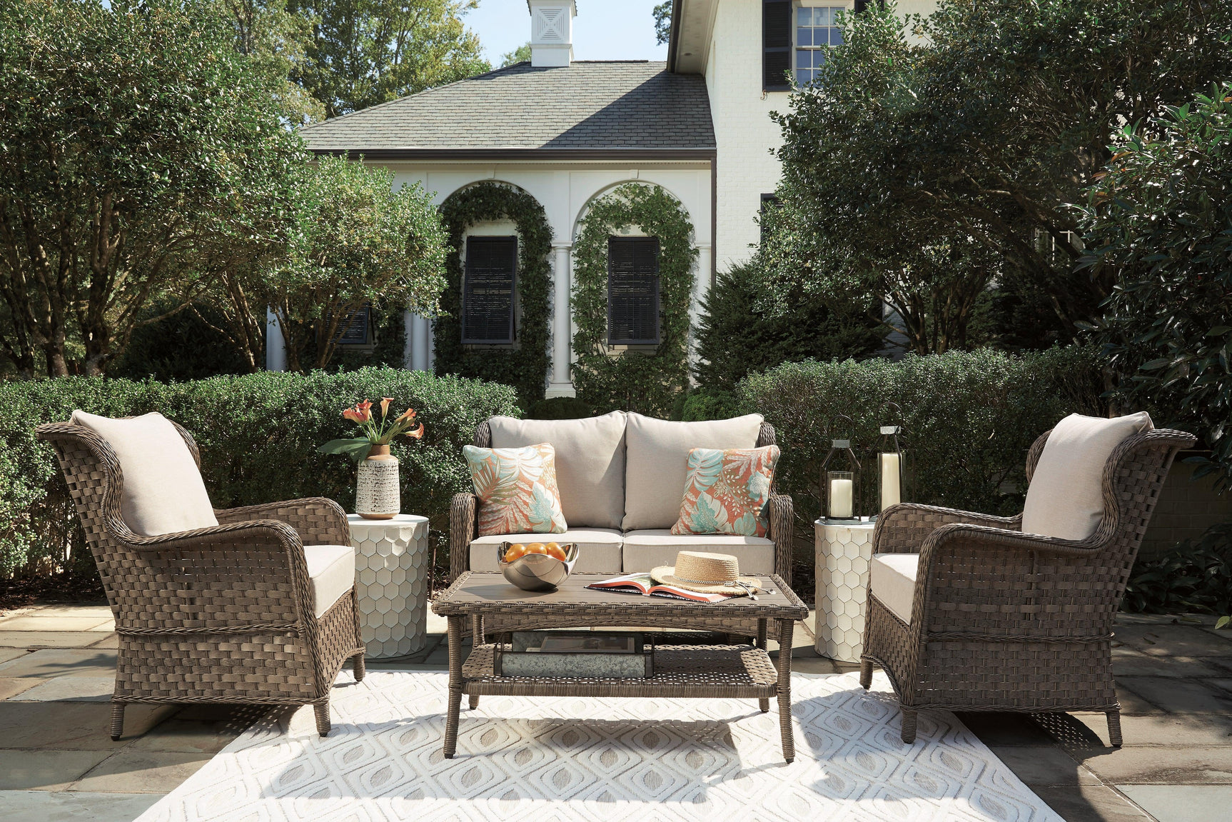 Clear Light Brown Ridge Outdoor Loveseat And 2 Chairs With Coffee Table - Ella Furniture