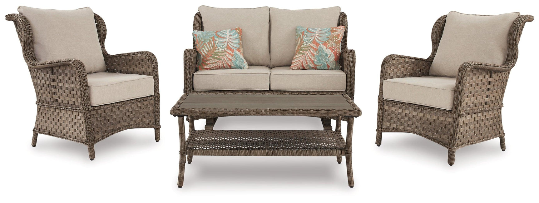 Clear Light Brown Ridge Outdoor Loveseat And 2 Chairs With Coffee Table - Ella Furniture