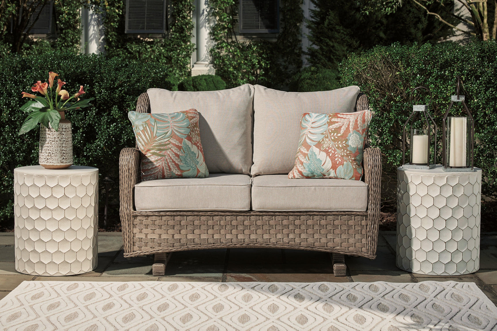 Clear Light Brown Ridge Outdoor Loveseat With Coffee Table - Ella Furniture