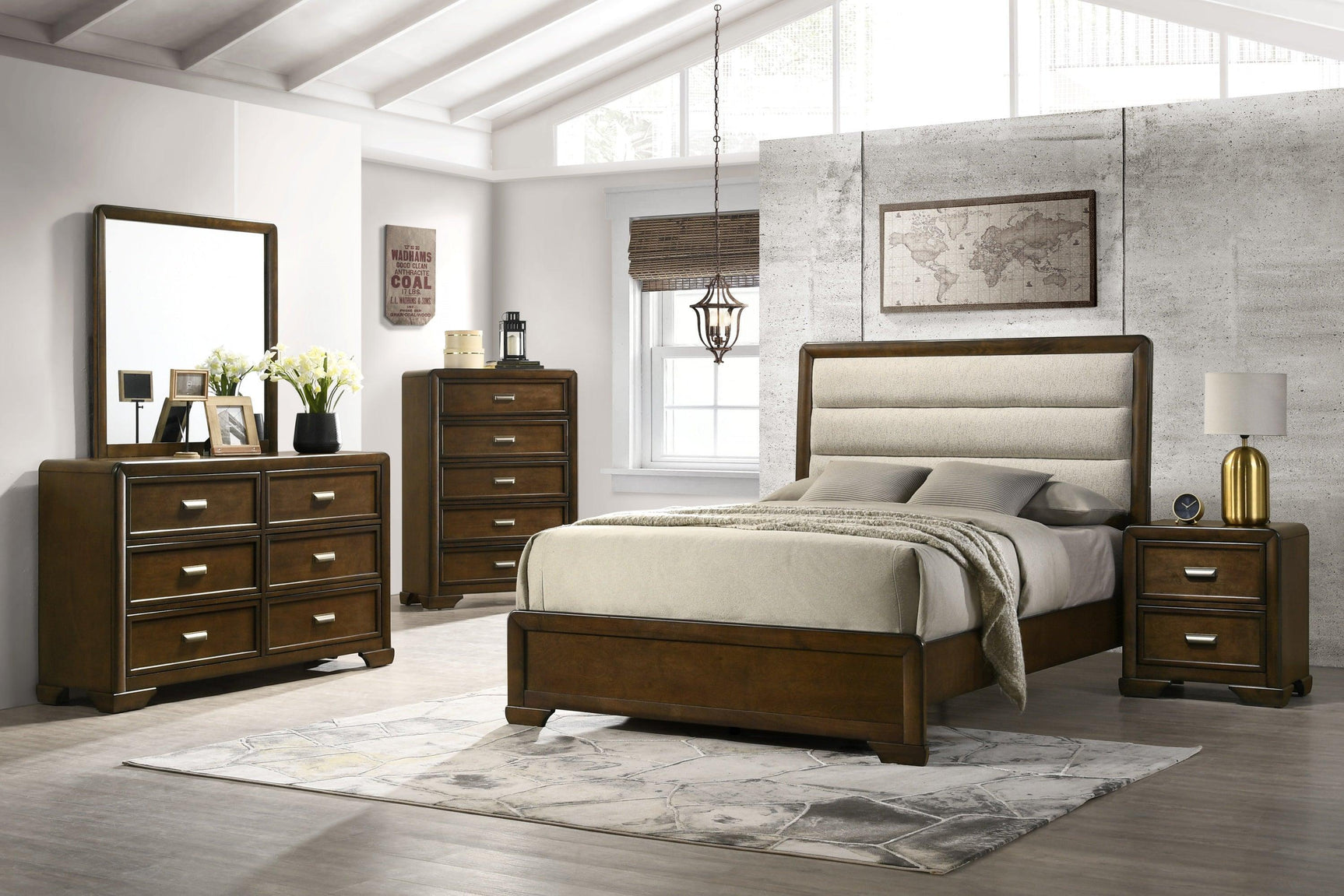 Coffield Brown Modern Contemporary Solid Wood Fabric Upholstered King Bed - Ella Furniture