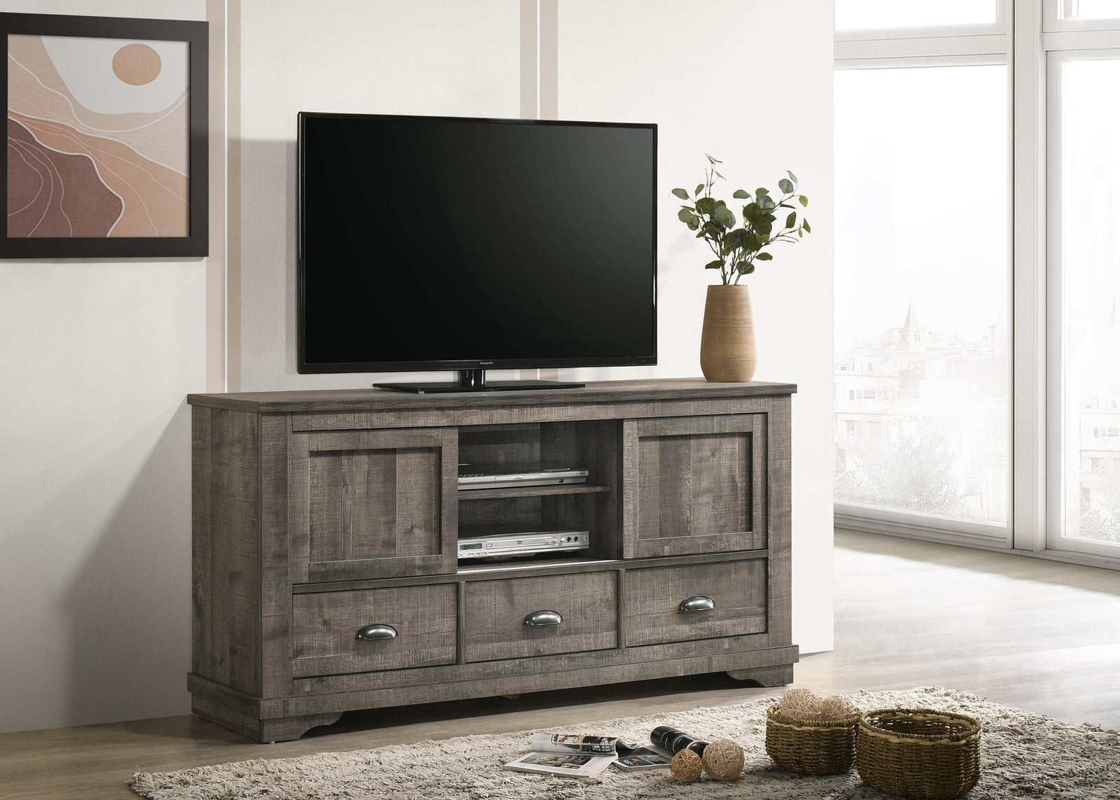 Coralee Gray Modern Aesthetics Tv Stand, Media Console Accessories, Wood And Engineered Wood Legs With Storage Doors For Living Room - Ella Furniture
