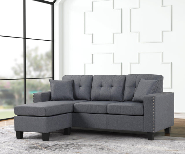 Cris Gray Modern Contemporary Solid Wood Velvet Upholstered Tufted Reversible Sectional - Ella Furniture