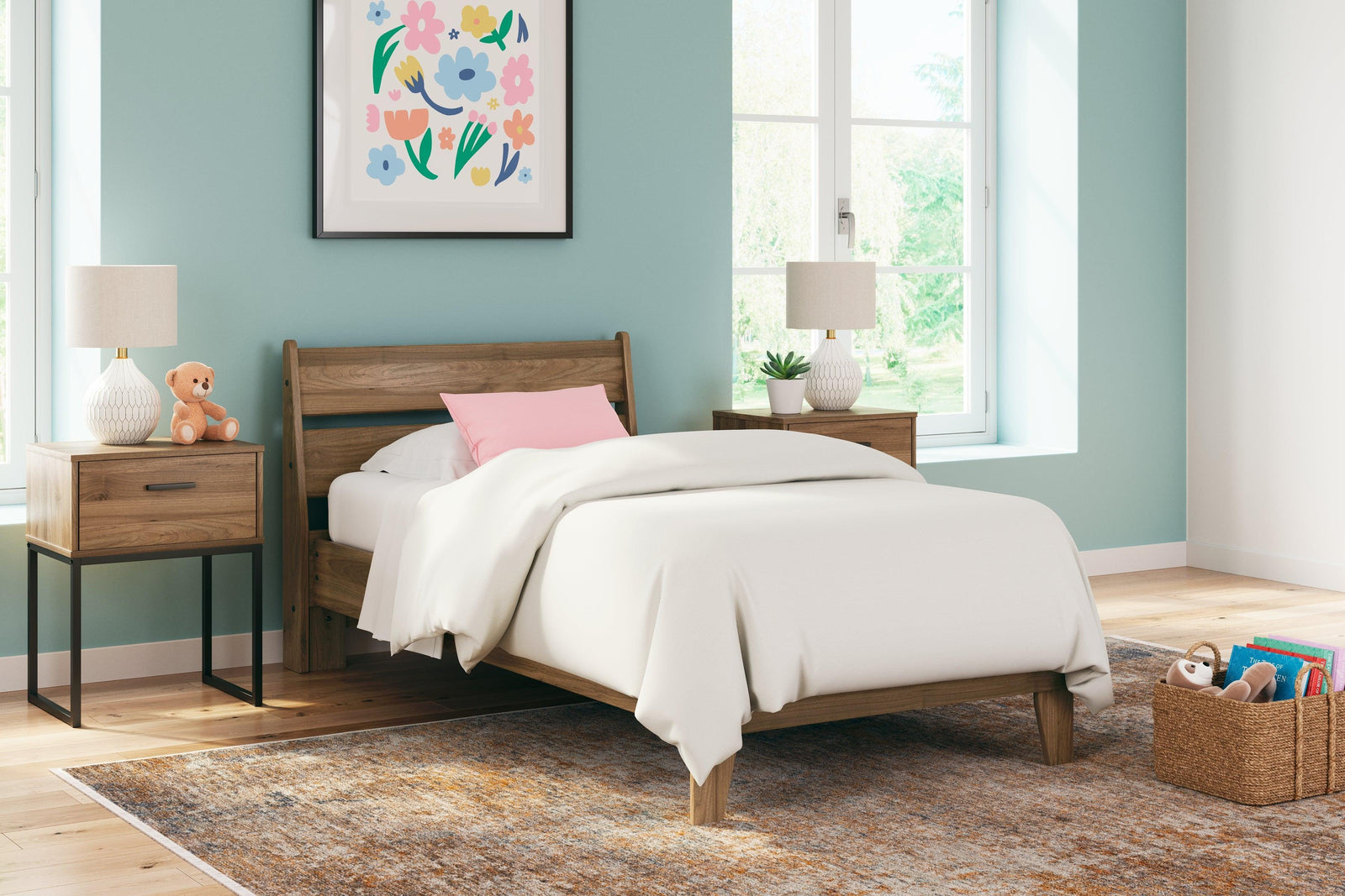 Deanlow Honey Twin Platform Panel Bed - Ella Furniture
