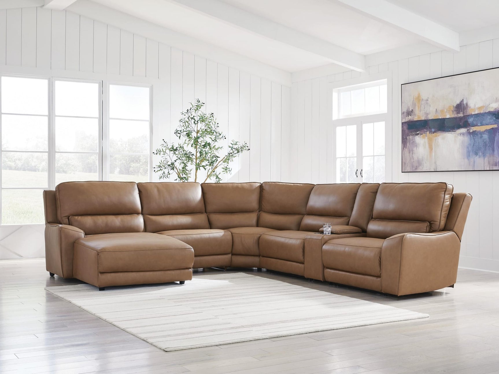DeepWakes Caramel Leather 6-Piece Power Reclining Sectional with Chaise view 3
