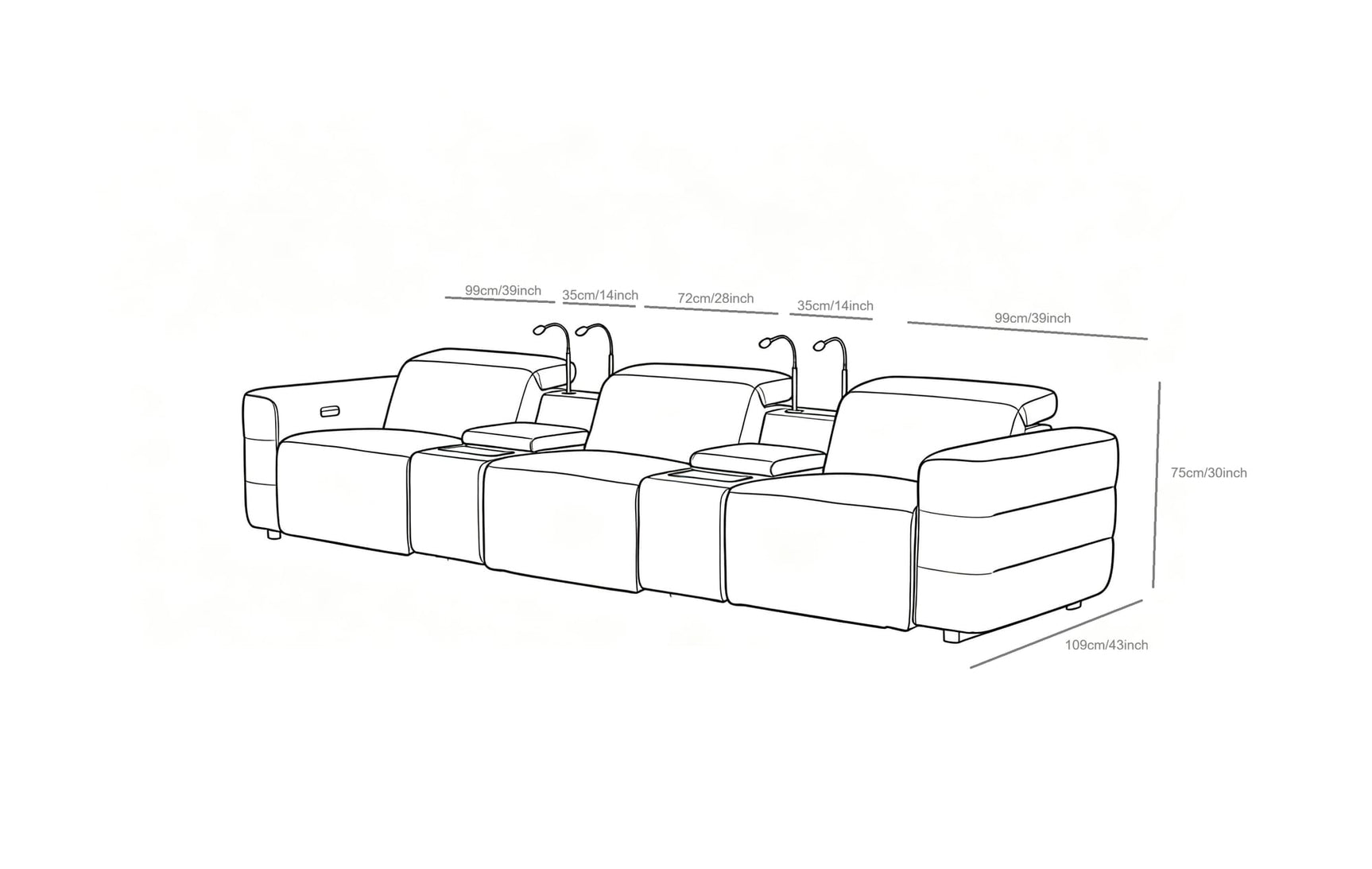 Diamante Grey Italian Leather 5-Piece Power Reclining Home Theater Sectional view 14